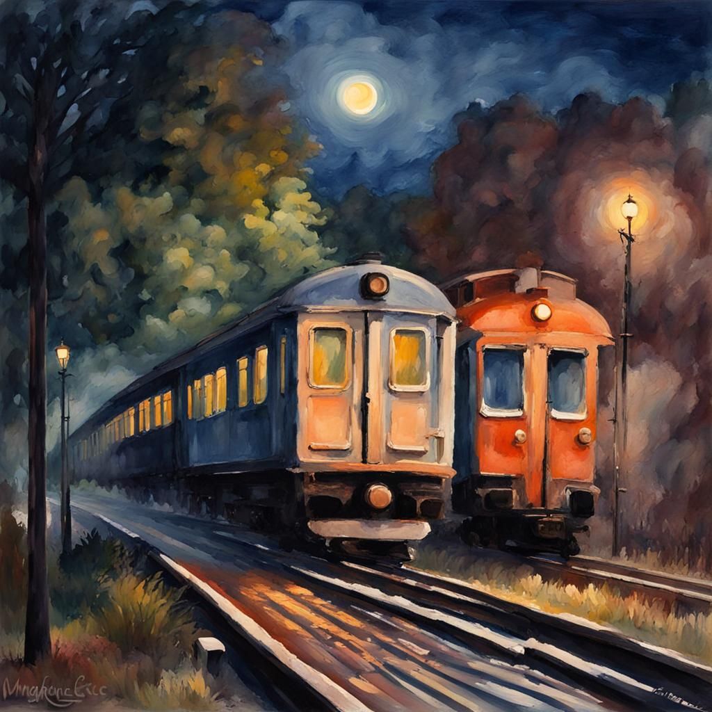 Midnight Train in Gouache Style Watercolor