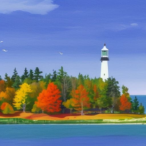 Mackinac Island in Autumn, Gouache Watercolor Style