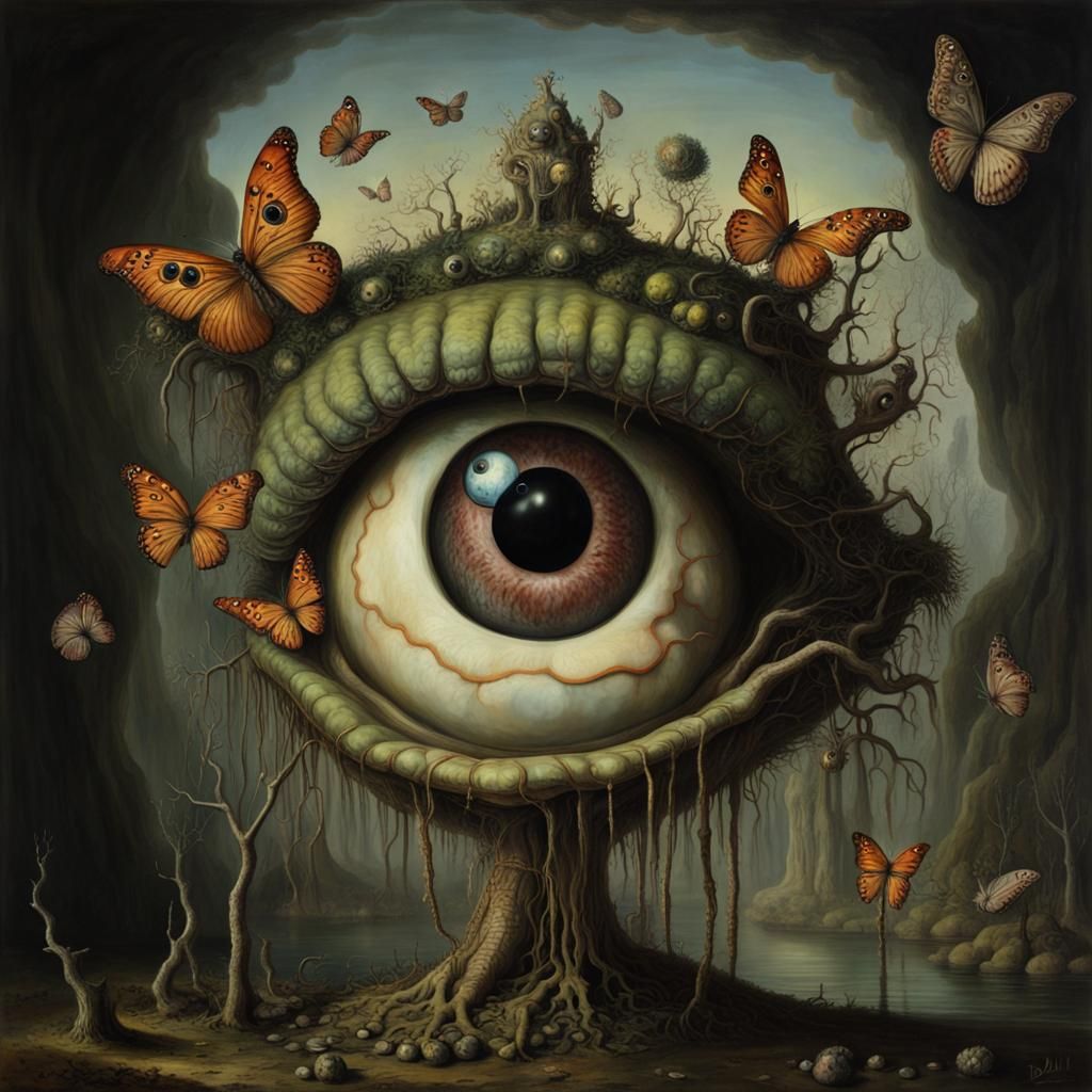 Surreal Eyeball Monster in Swamp, Grotesque Portrait