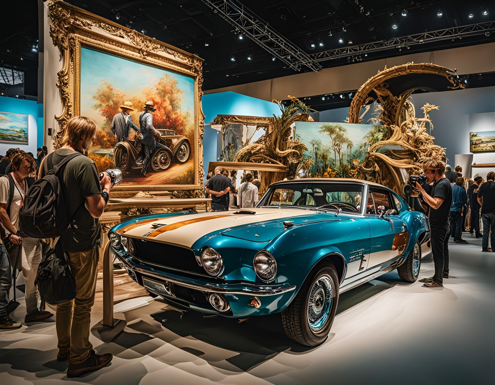Man Photographing Cars at Auto Show in Folk Art Style