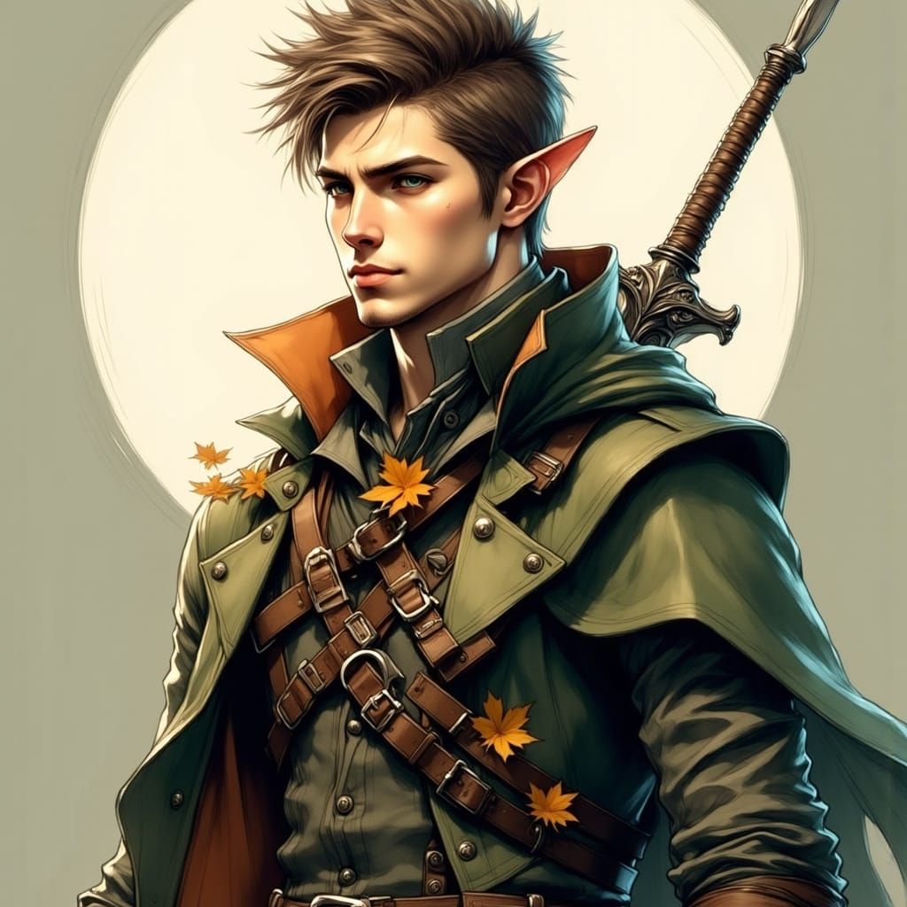 Elf Warrior in Forest Green Armor with Autumn Cloak