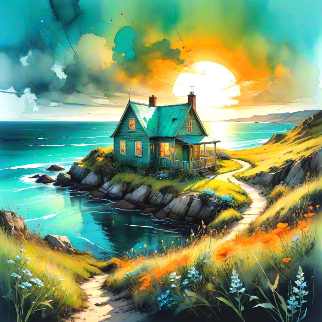 Seaside Cottage in Neon Watercolor Style