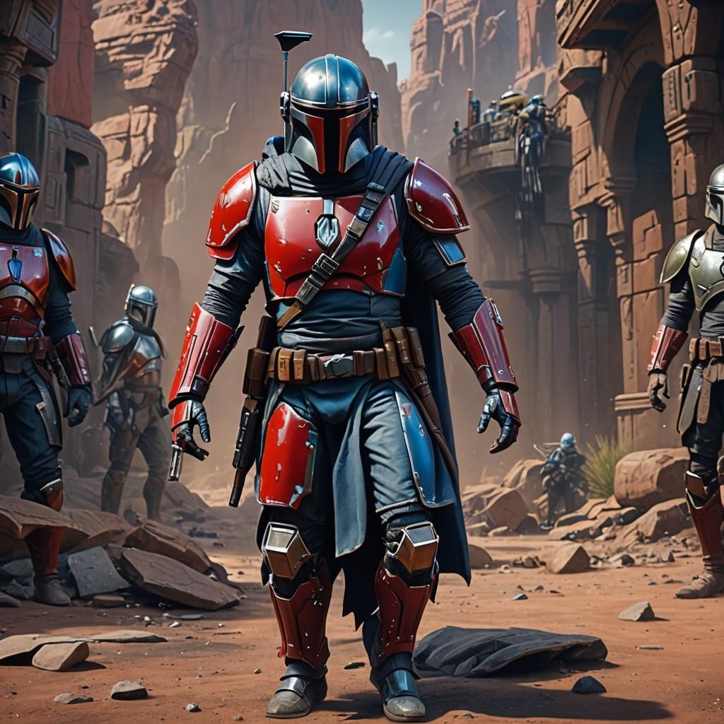 Mandalorian Warrior in Red and Blue Armor