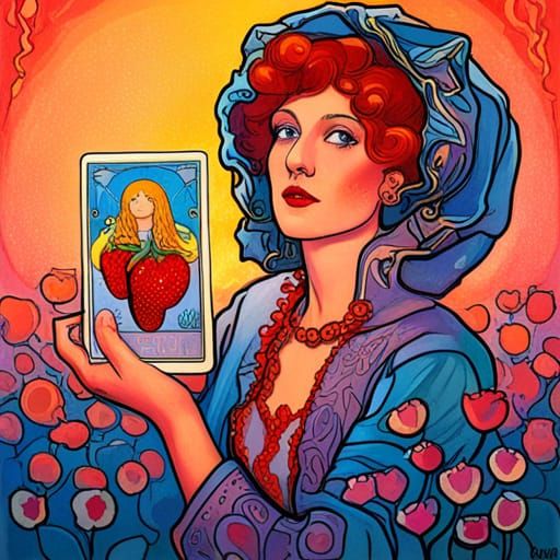 Strawberry Tarot Card in Peter Max Mucha Style