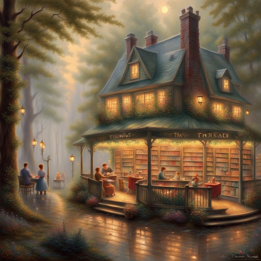 Ethereal Bookstore in Misty Woods, Fantasy Art