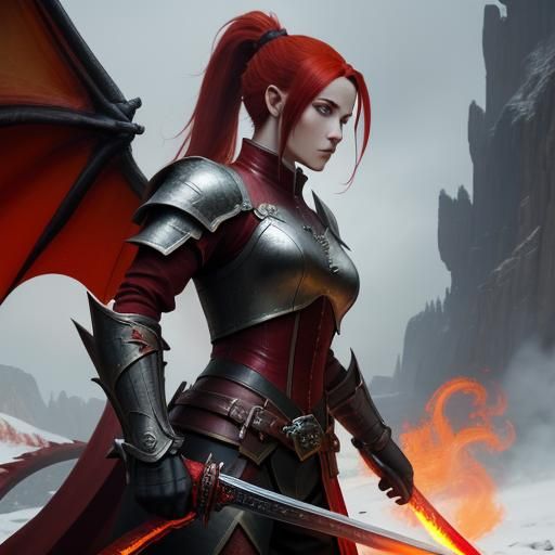 Dragon Woman Warrior with Flaming Sword, Fantasy Art