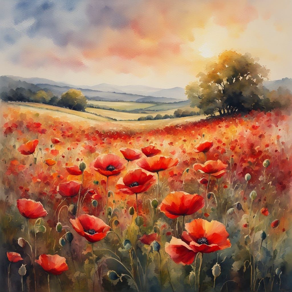 Impressionist Watercolour Poppy Field in Sunlight