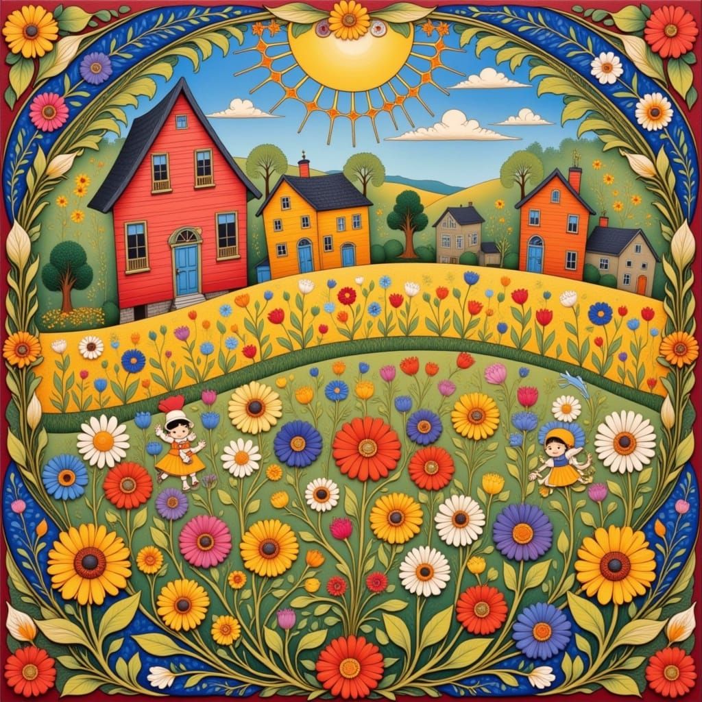 Whimsical Folk Art Village Scene with Floral Patterns