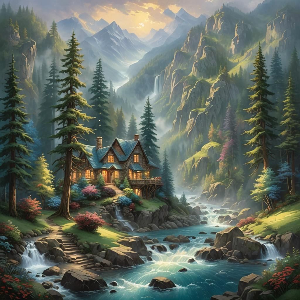 Ethereal Mountain Landscape in Kinkade Style