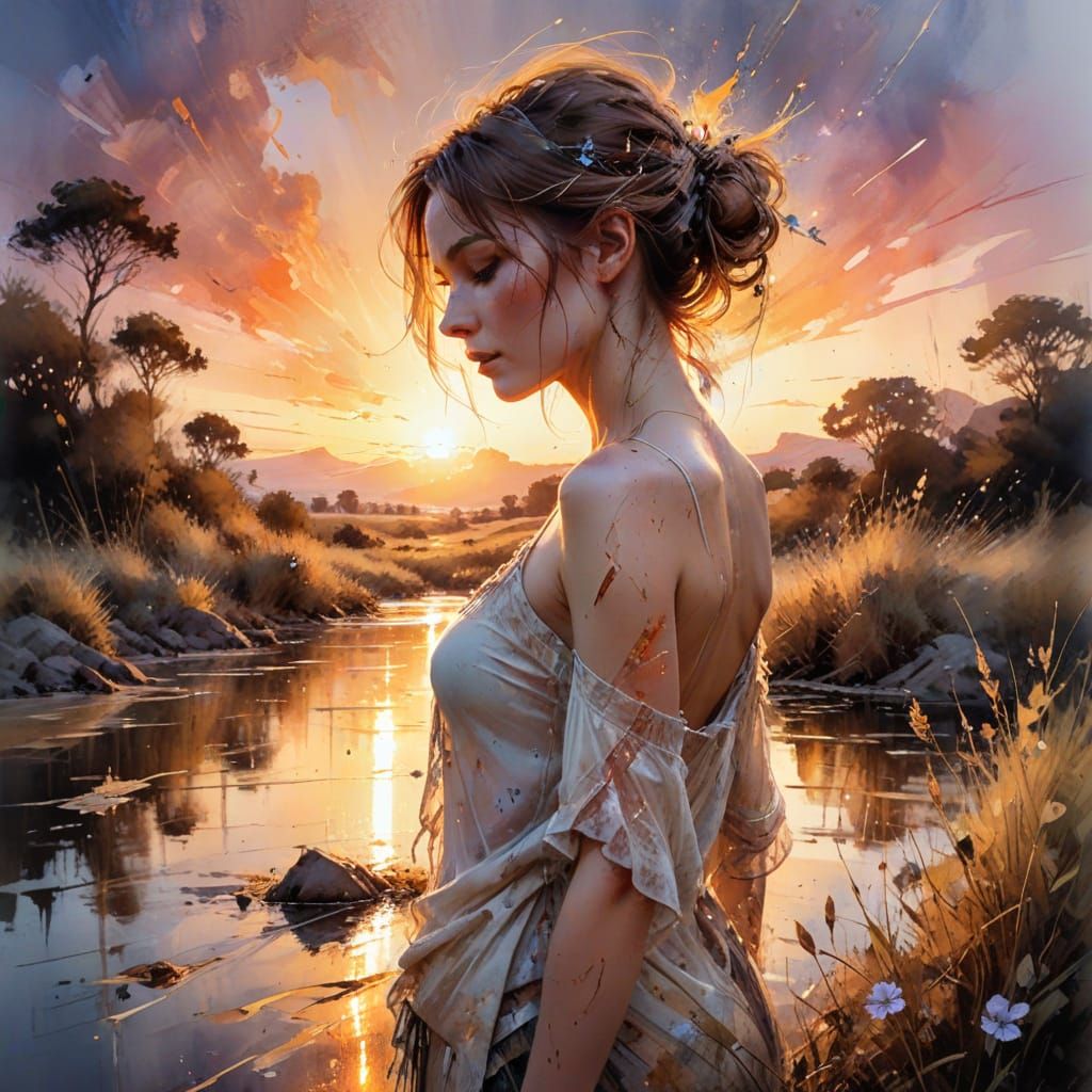 Sunset Summerscape in Watercolor Style