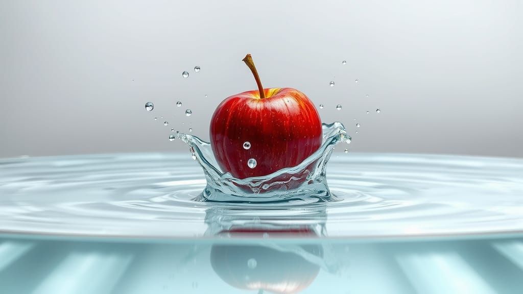 High-Fashion Apple Falls into Water in Surreal Studio Settin...