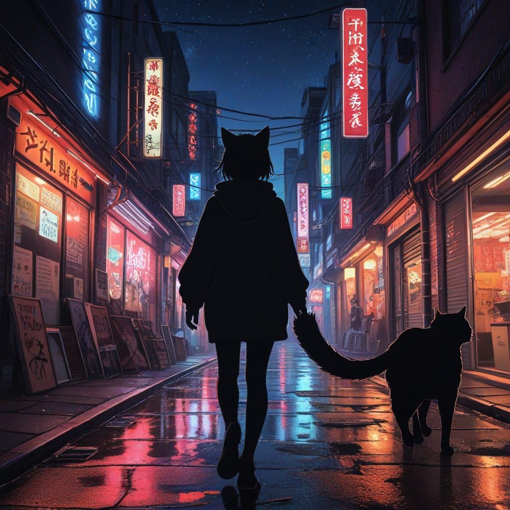 Anime Woman With Cat Face in Neon Alleyway