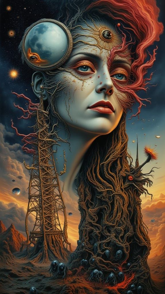 Regal Figure in Cosmic Cityscape of Giant Ants