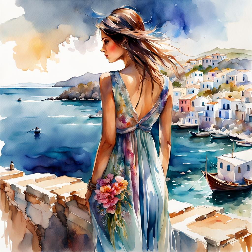 Woman in Greek Village: Digital Watercolor Illustration