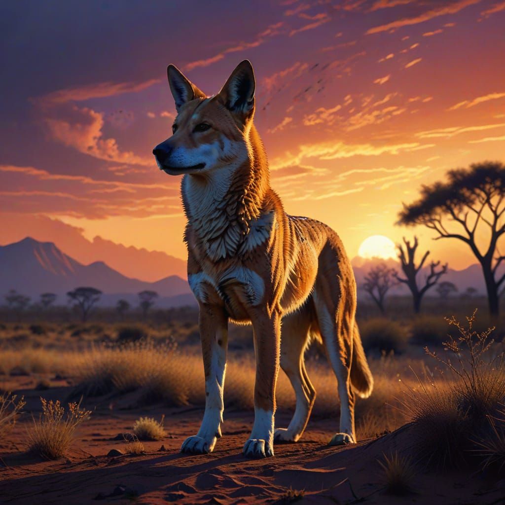 Tribal Dingo Silhouetted Against Twilight Savanna in Waterco...