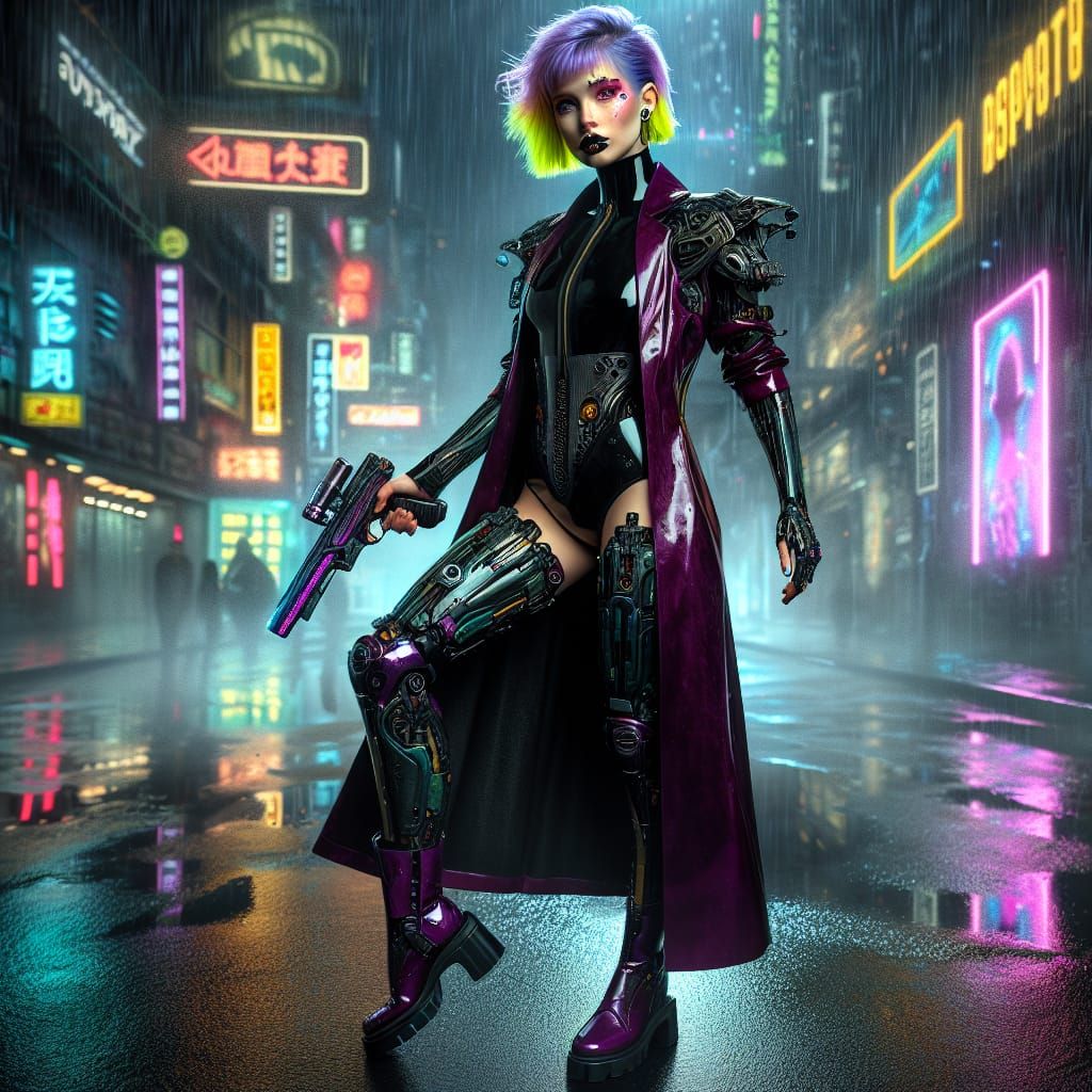 Cyborg Fighter in Cyberpunk City with Latex Suit