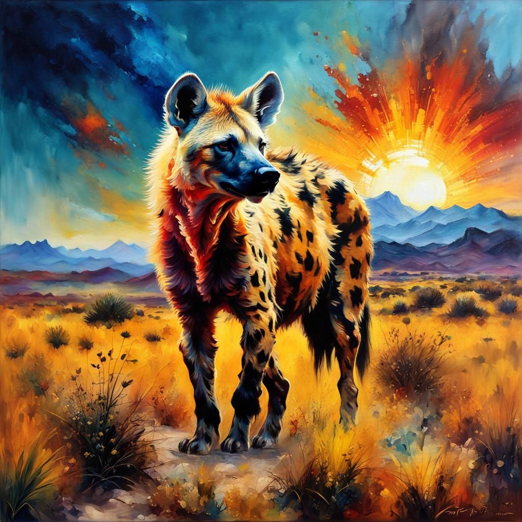 Encaustic Hyena in Desert Sunrise, Fine Art Oil Painting