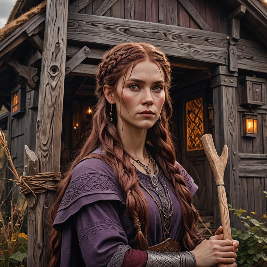 Norse Woman with Rake: Dark Fantasy Art