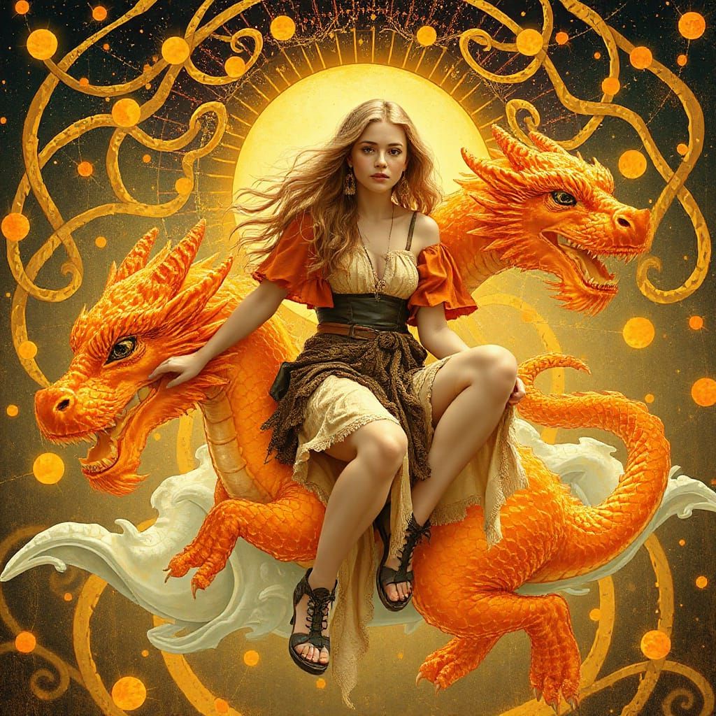 Woman on Gummy Dragon in Soda Sea, Art Nouveau & Fantasy Sty...