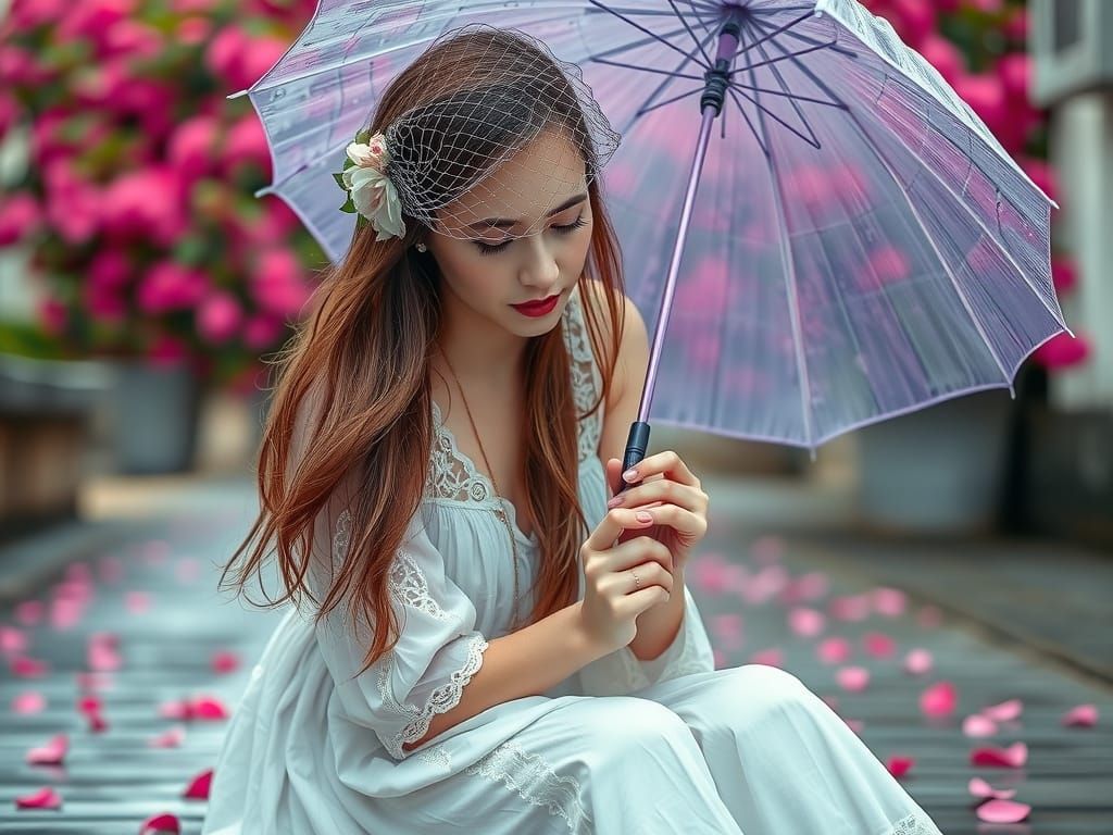Melancholic Woman in Bohemian Dress with Lilac Umbrella