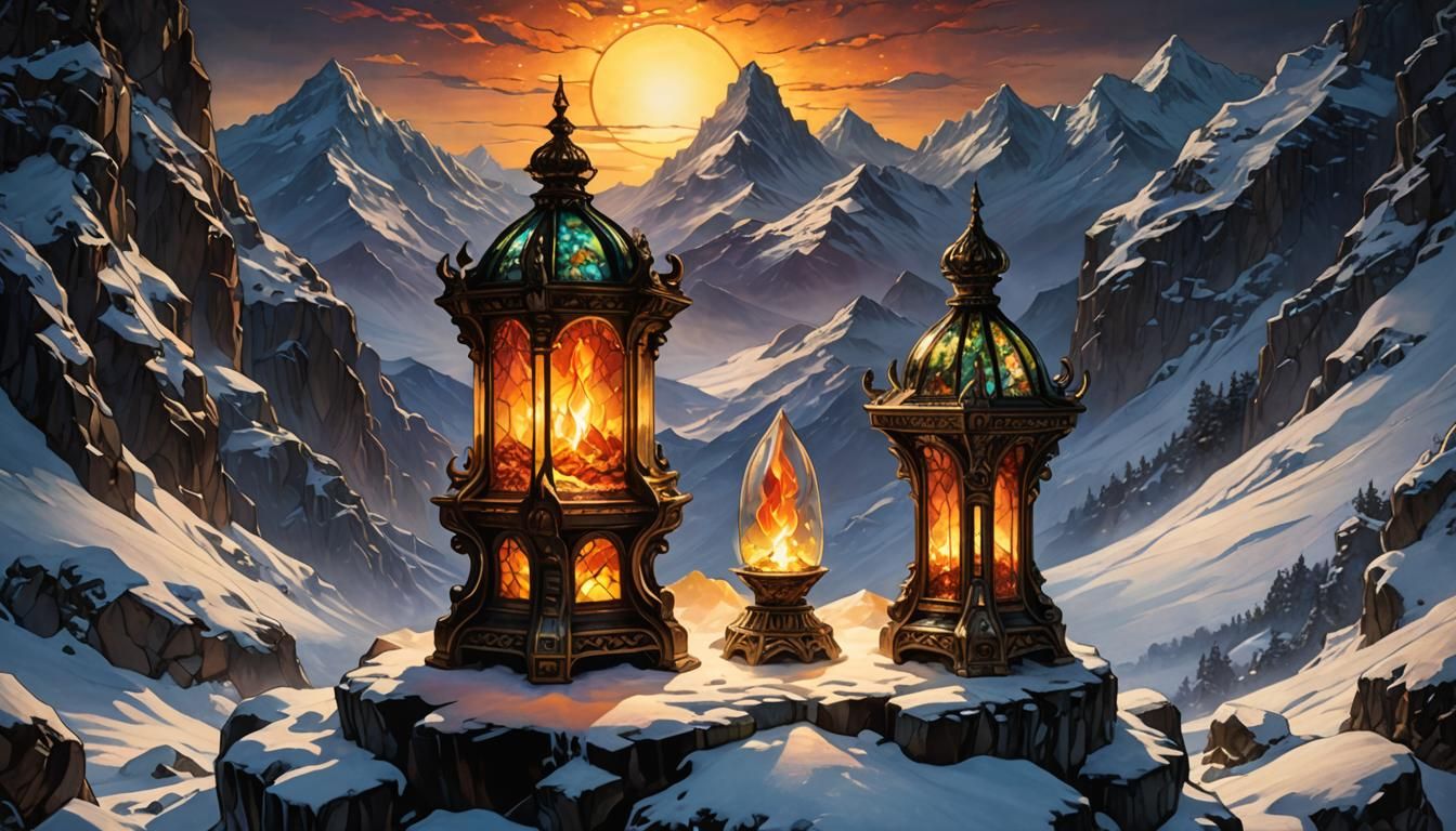 Glass Lamp with Flame on Snowy Mountain Altar