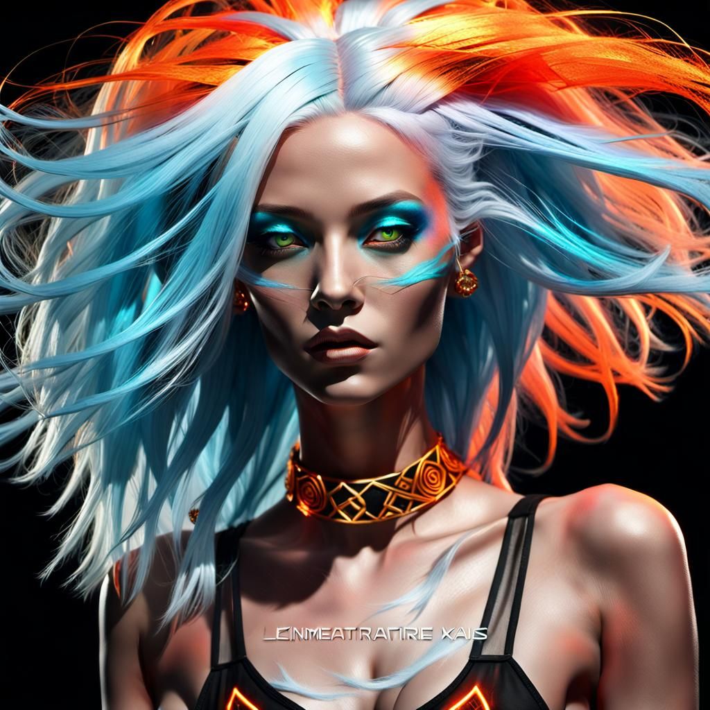A beautiful woman with wild flowing white hair