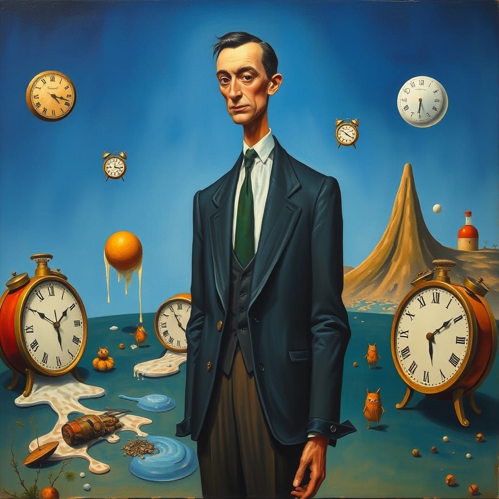 Surreal Figure in Dali-Inspired Landscape Oil Painting