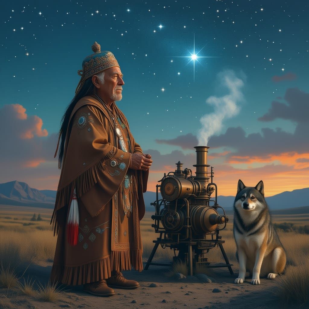 Steampunk Native American Elder with Wolf Companion