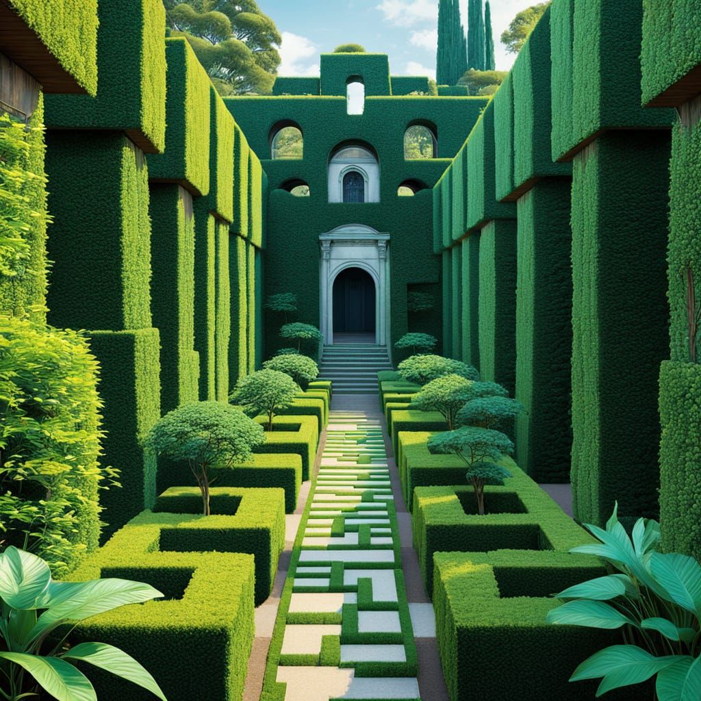 Maze of Colorful Hedges in an Anime-Inspired Style