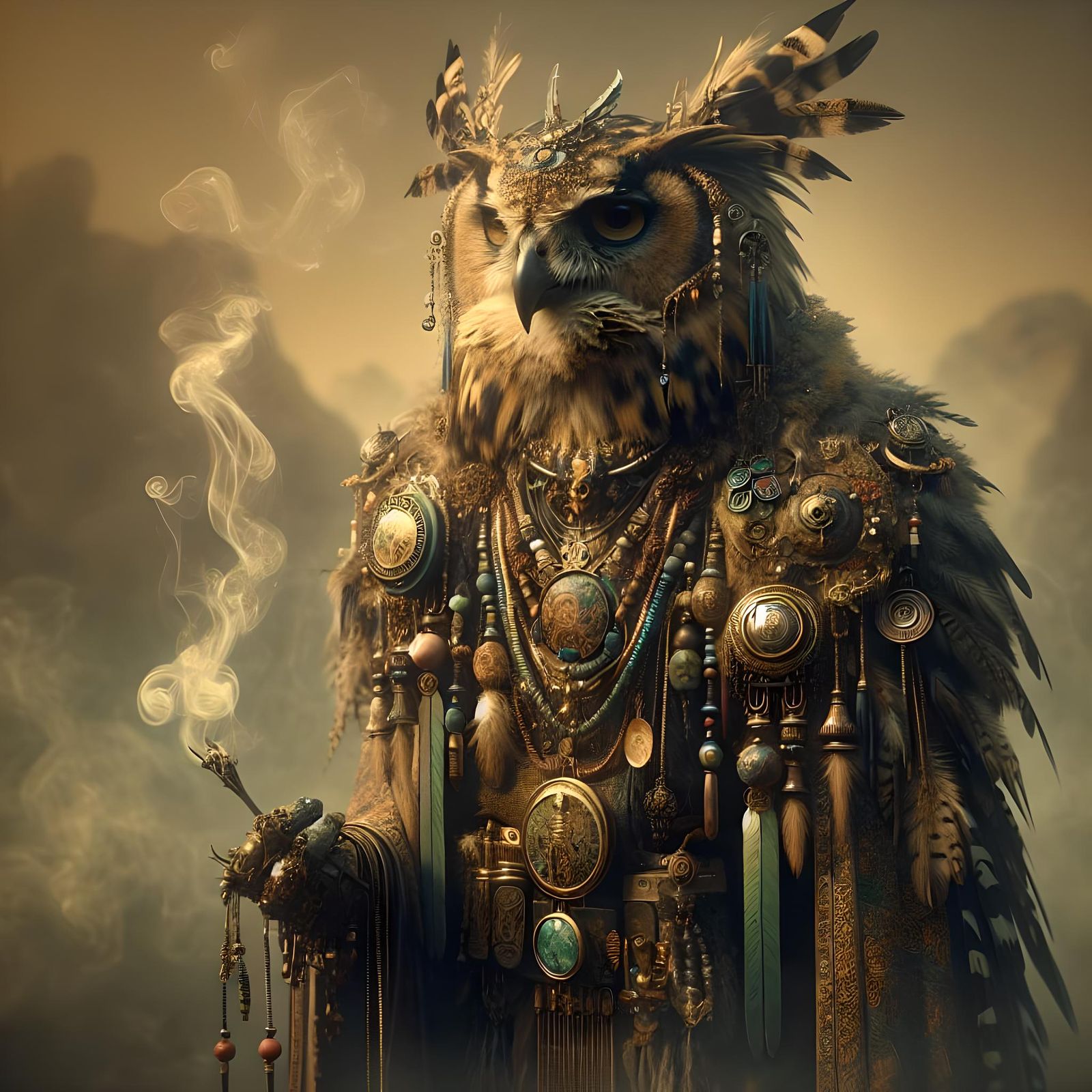 Ornate Owl Shaman in Atmospheric Desert Scene