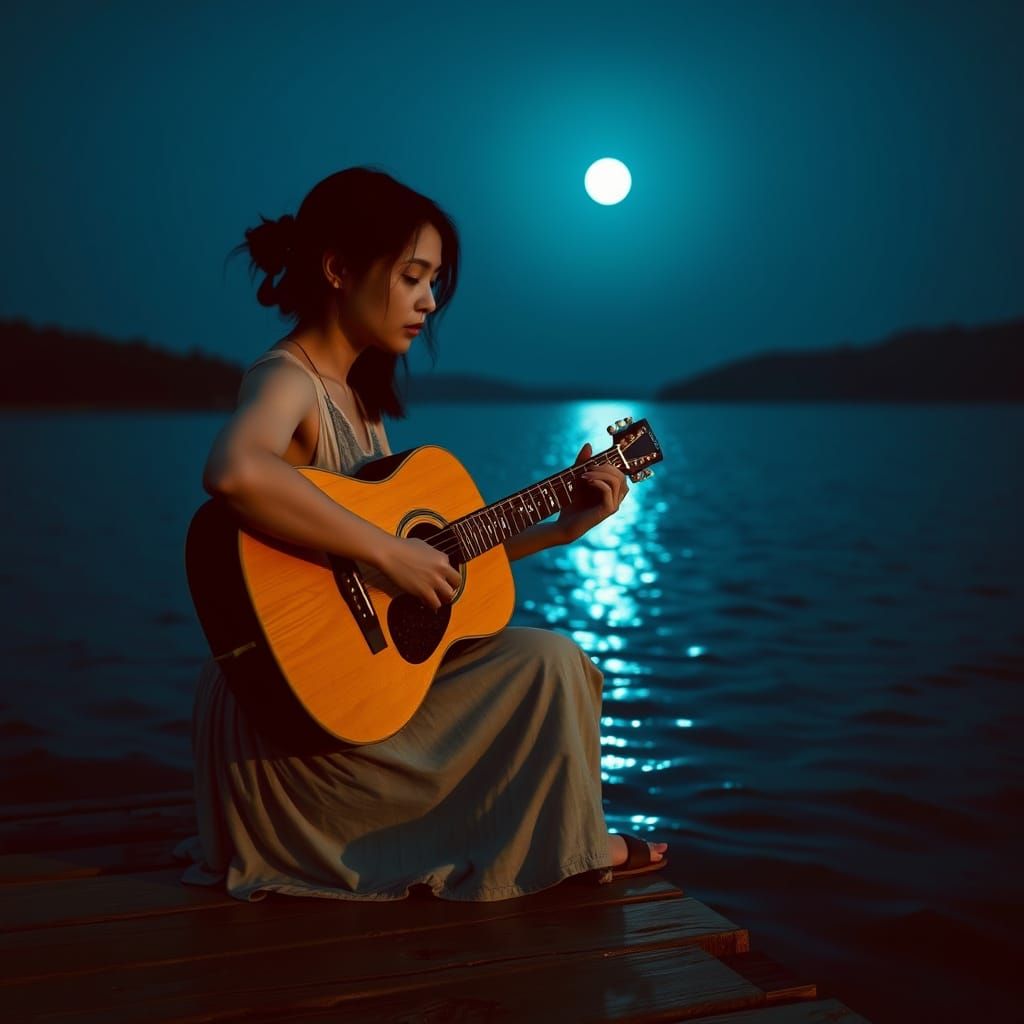 Serenely Contemplative Woman by Moonlit Lake