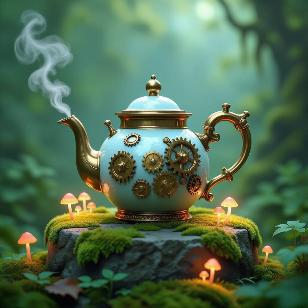 Whimsical Steampunk Teapot in Enchanted Garden