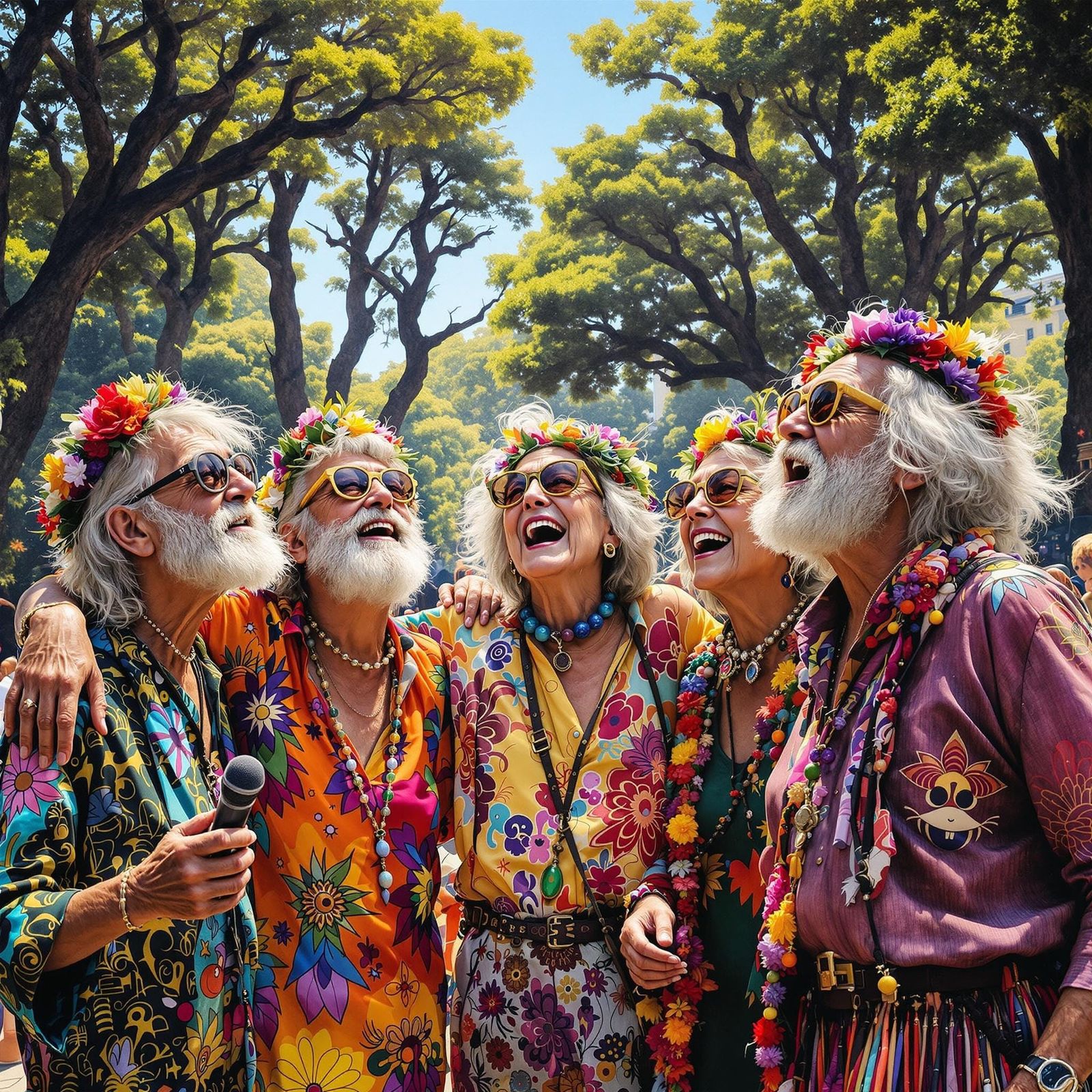 Grey-Haired Hippies Groove to Jazz in a Vibrant Park
