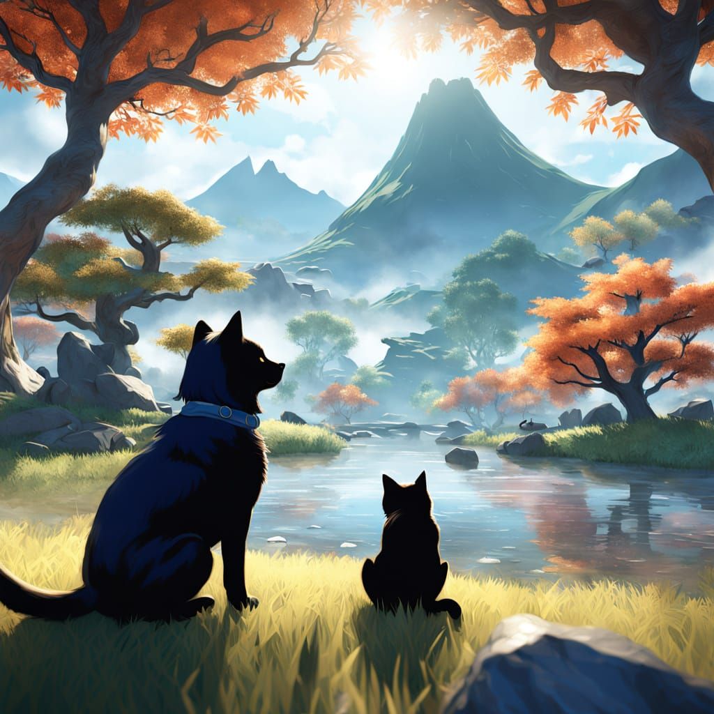 Anime-Inspired Scene of a Dog and Cat in a Misty Mountain La...
