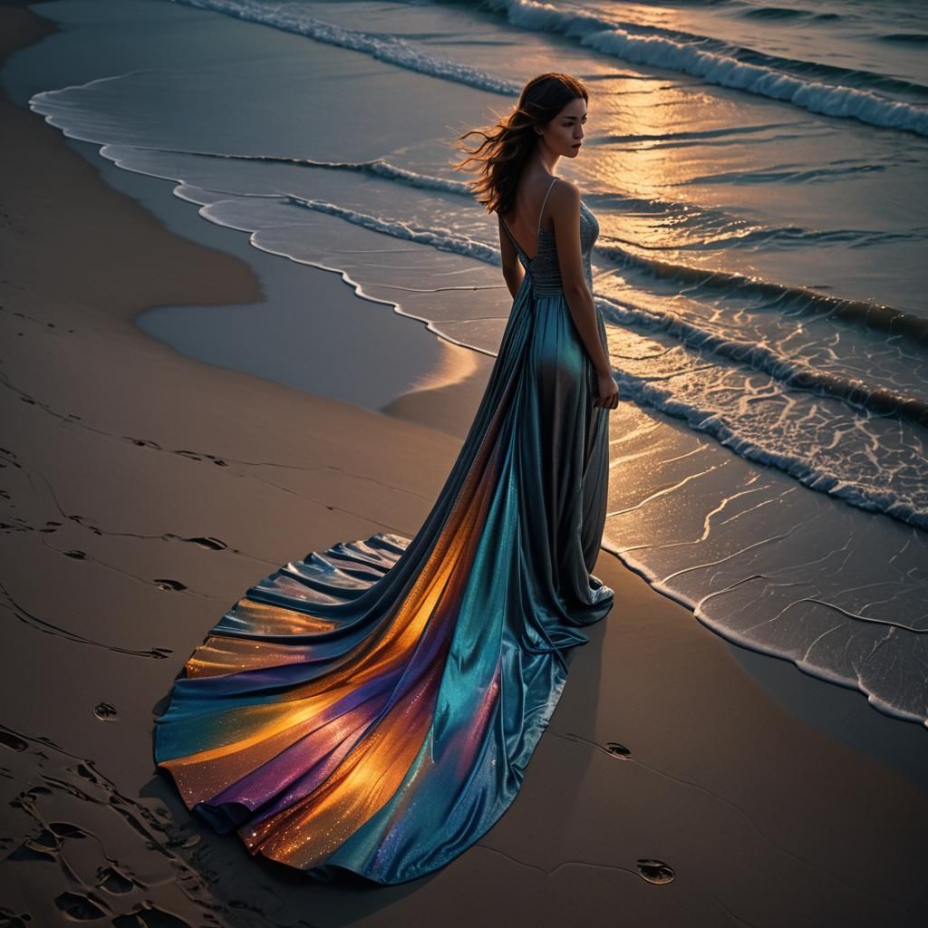 Woman in Glowing Dress on Beach at Night