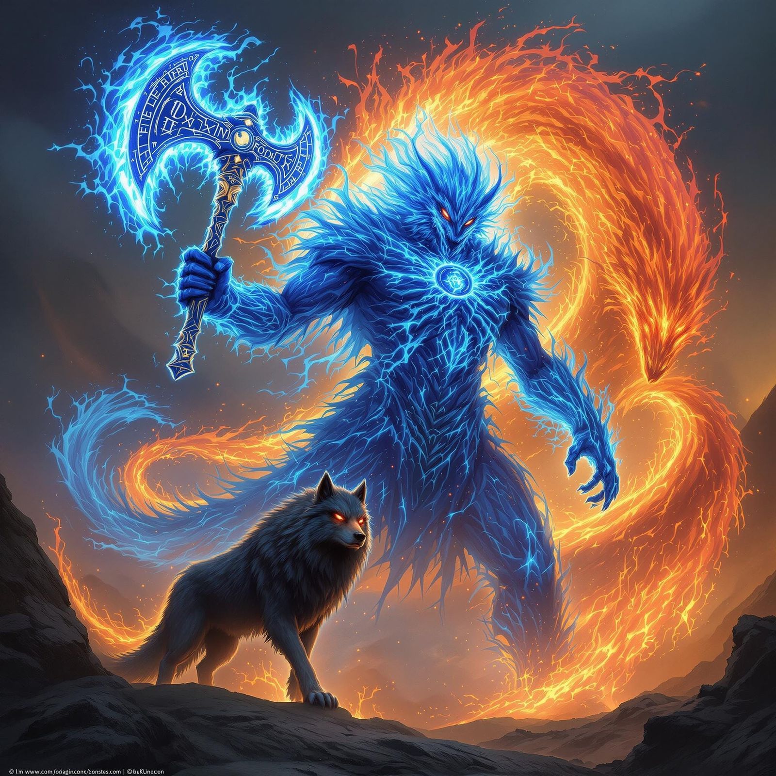 Colossal Blue Flame Deity Wields Glowing Battle-Axe, Surroun...