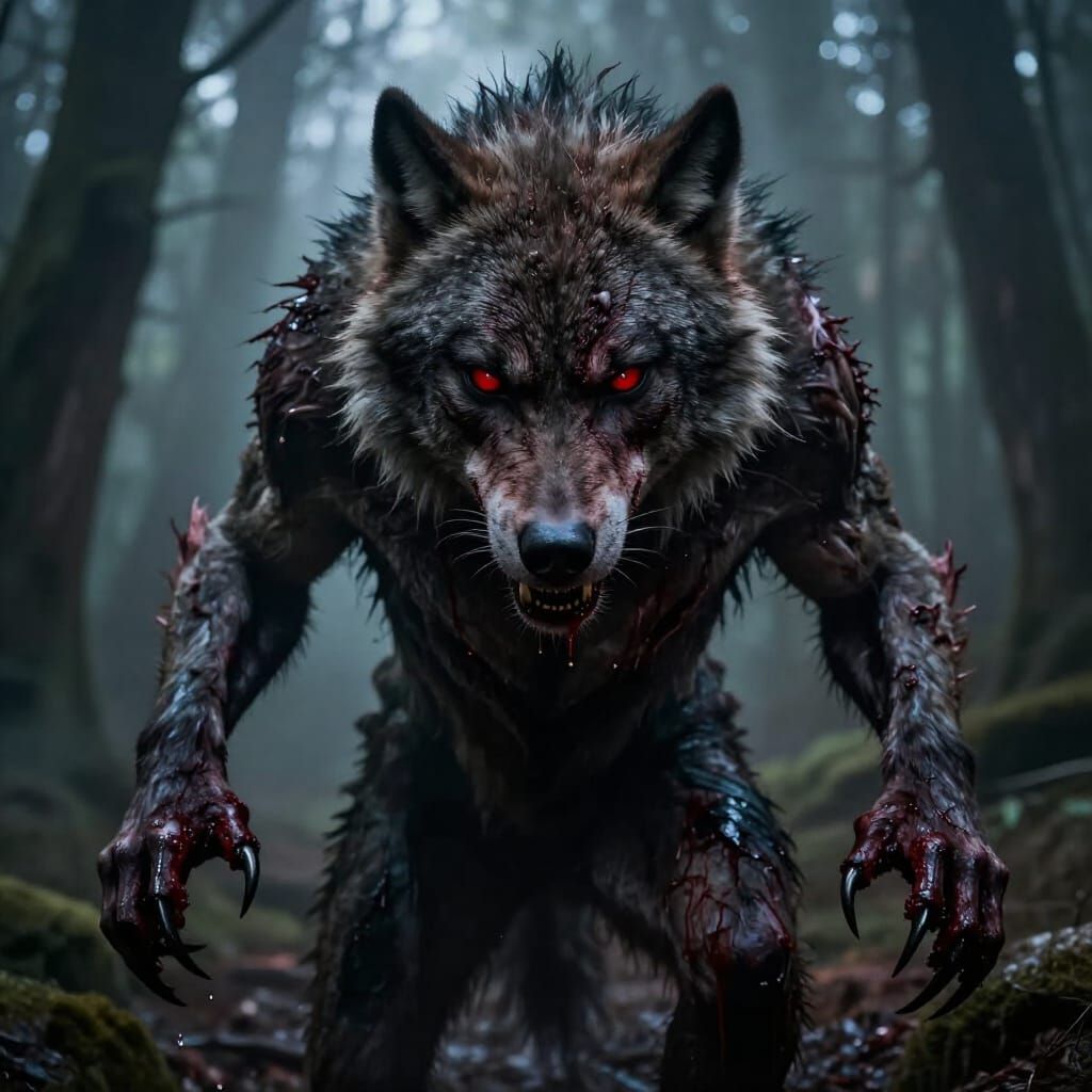 Terrifying Werewolf Stares Ominously in Foggy Forest
