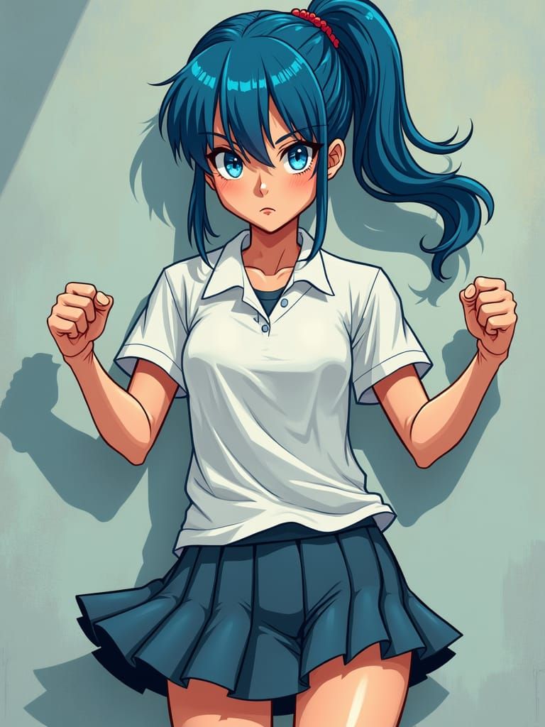 Blue-Haired Girl Ready for Battle, Comic Book Art