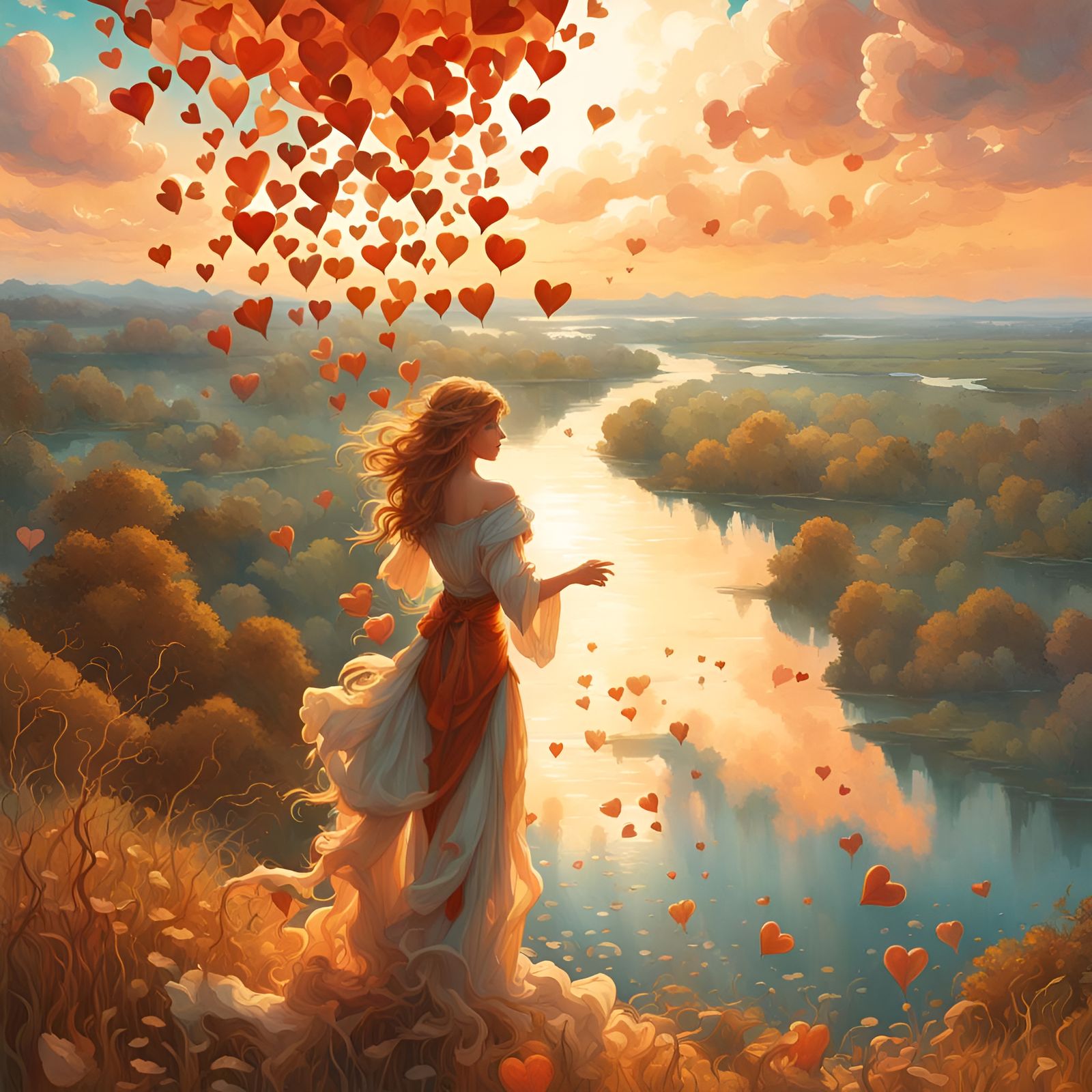 Romantic Chromolithograph Landscape with Falling Hearts