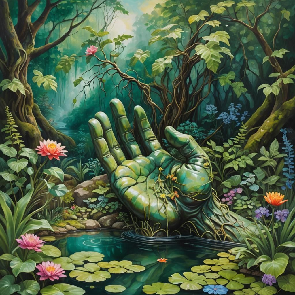 Surreal Hand Statue Holding Pond in Lush Forest