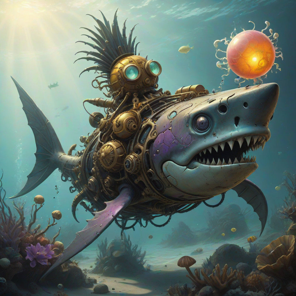 Steampunk Pineapple Creature Riding a Shark in a Vibrant Oce...