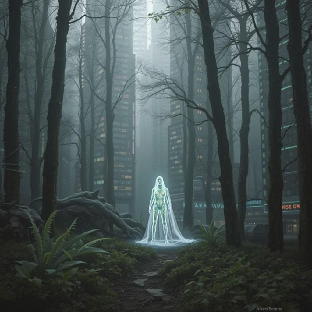 Dystopian Cyberpunk Figure in Futuristic Cityscape