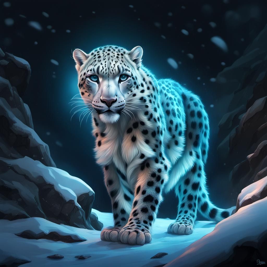 Bioluminescent Snow Leopard in Hyperrealistic Splash Art