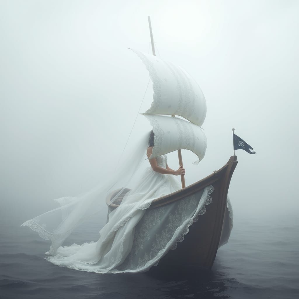 Ghostly Pirate Ship Bride Sailing Through Mist