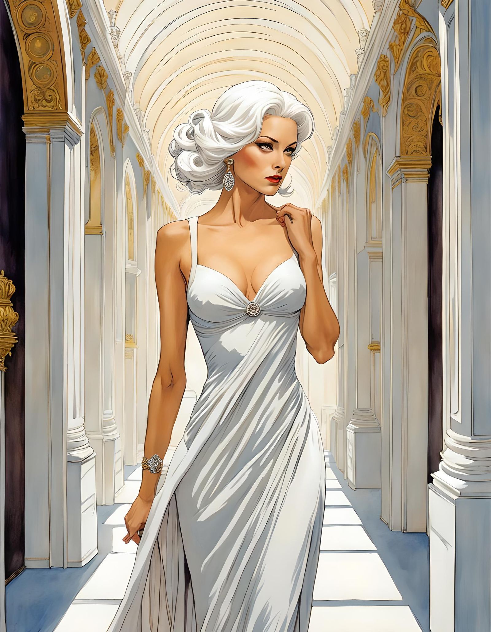 Pale Woman in White Gown: Comic Book Illustration