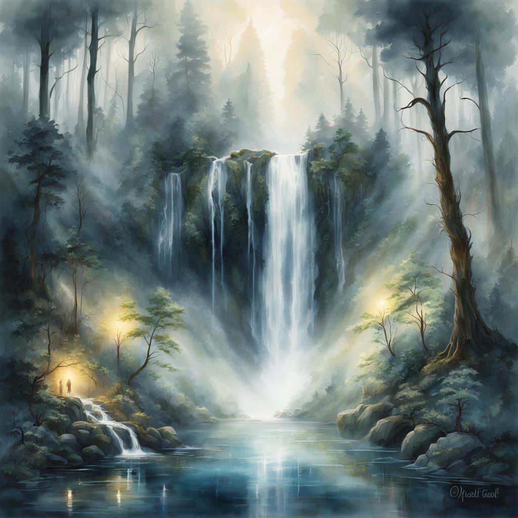 Mysterious Waterfall in Foggy Forest