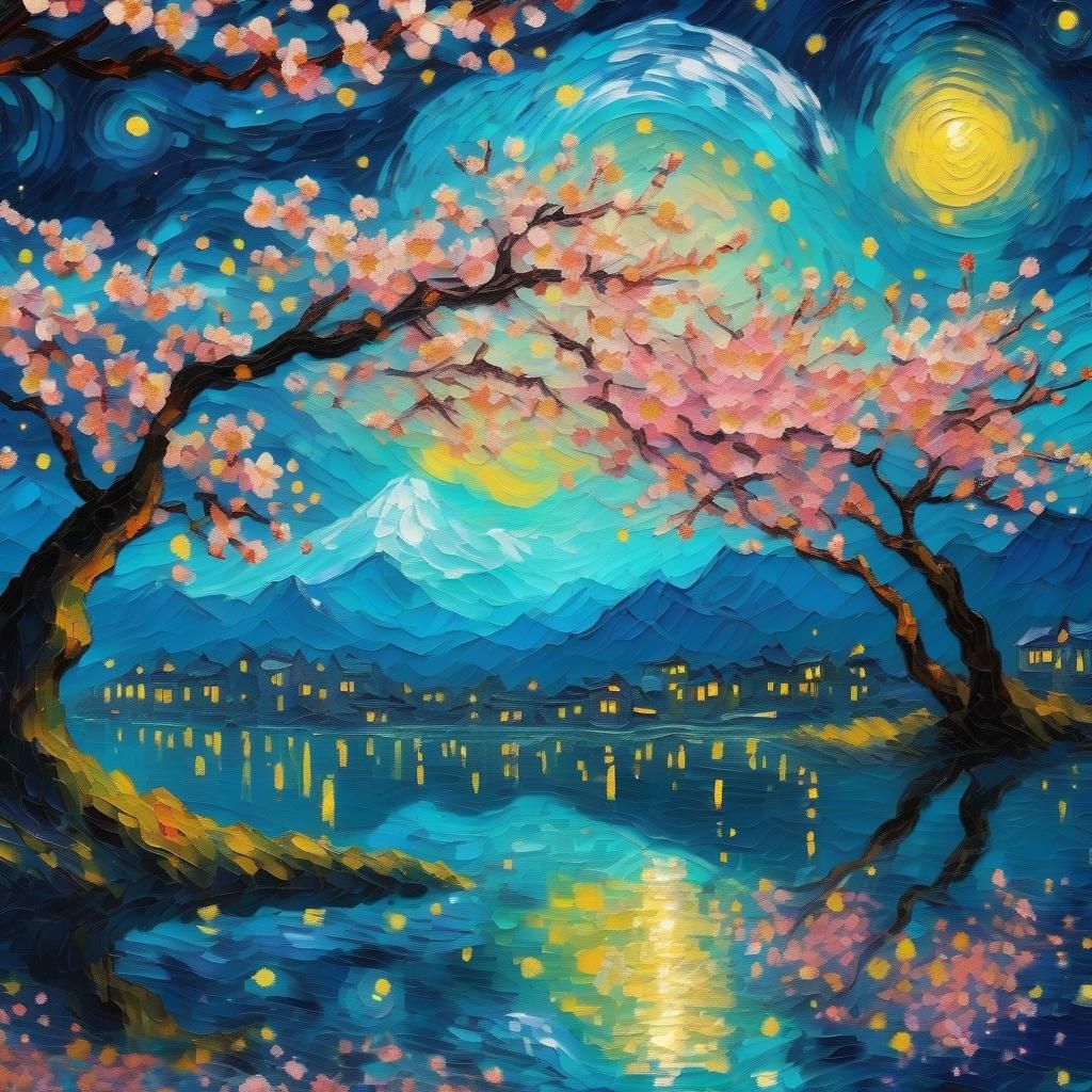 Cherry Blossoms Under Bioluminescent Sky: Van Gogh Style