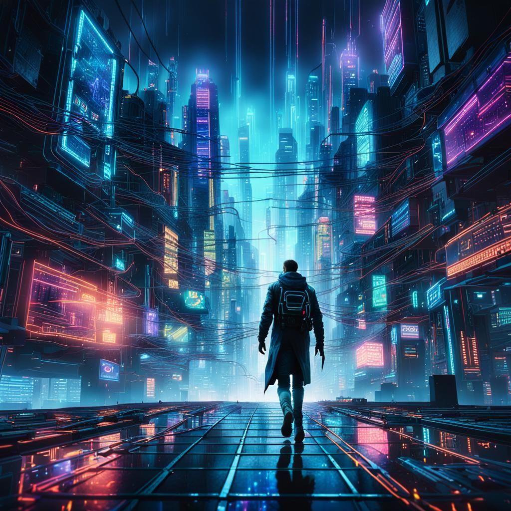 Cyberpunk Figure Flies Over Neon Cityscape