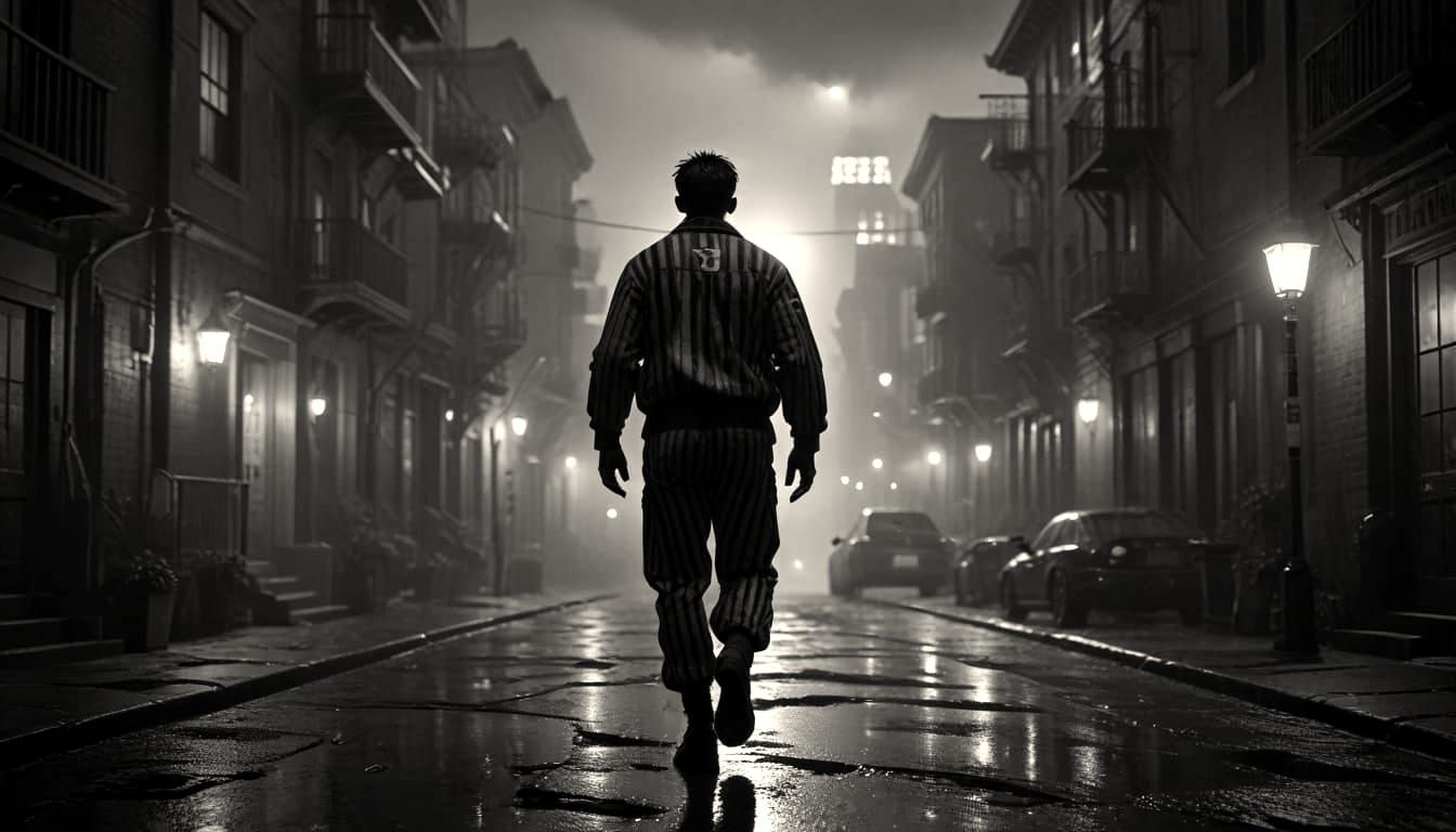 Escaped Prisoner Walks Free in Cinematic Black and White