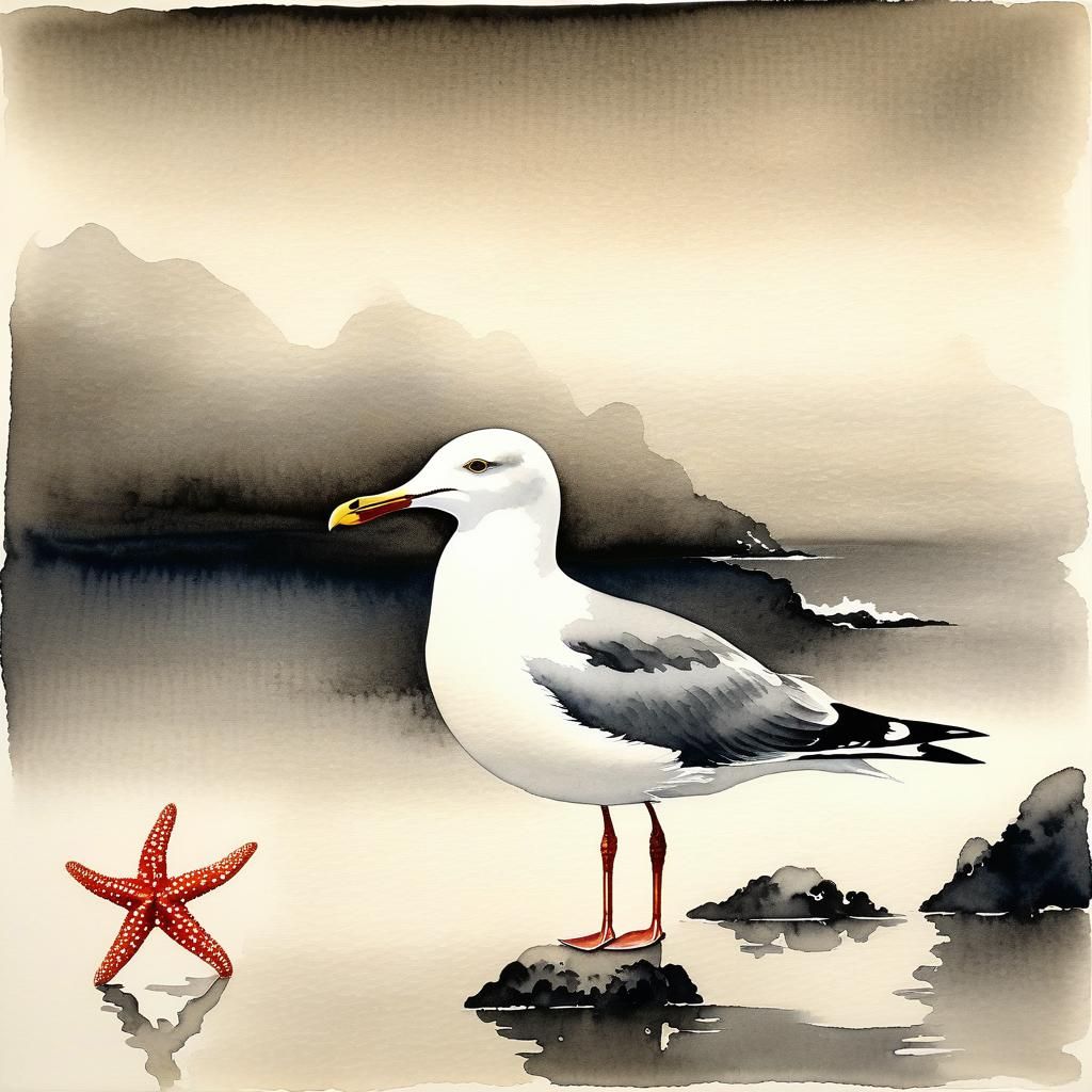 Seagull and Starfish: Sumi-e Ink Wash Painting